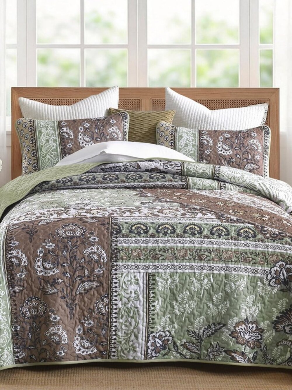 Patchwork King Quilt Bedding Set, Boho Bedspread, Brown Green